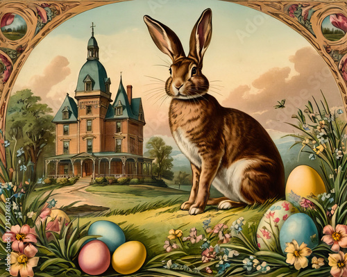A vintage-style Easter illustration, where a large brown rabbit stands in the foreground in the background of a beautiful castle surrounded by Easter elements..