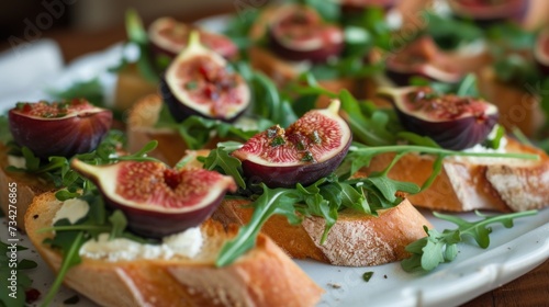  a close up of a plate of food with figs on top of bread and bread crumbs on the side.