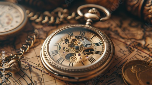 Close-Up Of Ornate Antique Pocket Watch, With Intricate Engravings, Against Vintage Map Background