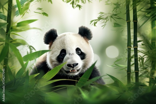 Tranquil Panda bamboo background. Nature giant mammal. Generate Ai photo