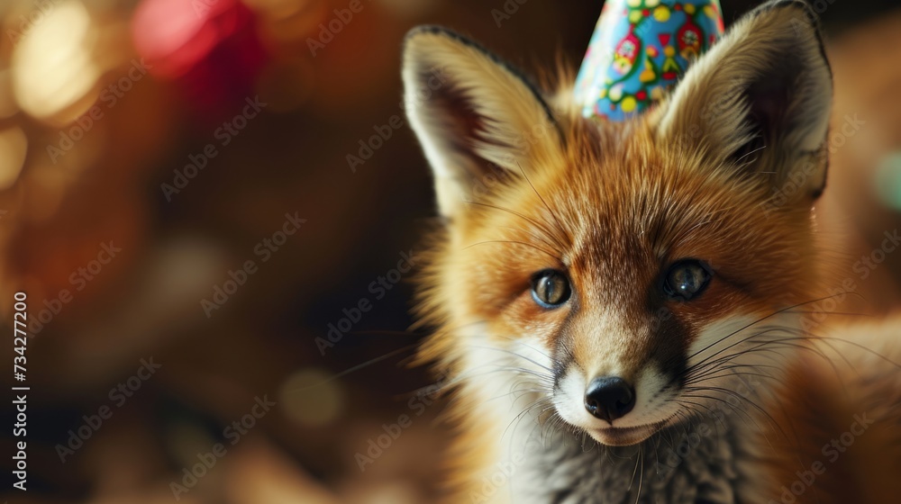 Obraz premium Fox kit with birthday hat generative ai