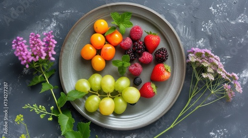  a white plate topped with lots of different types of fruit next to purple and pink flowers on top of a gray surface.