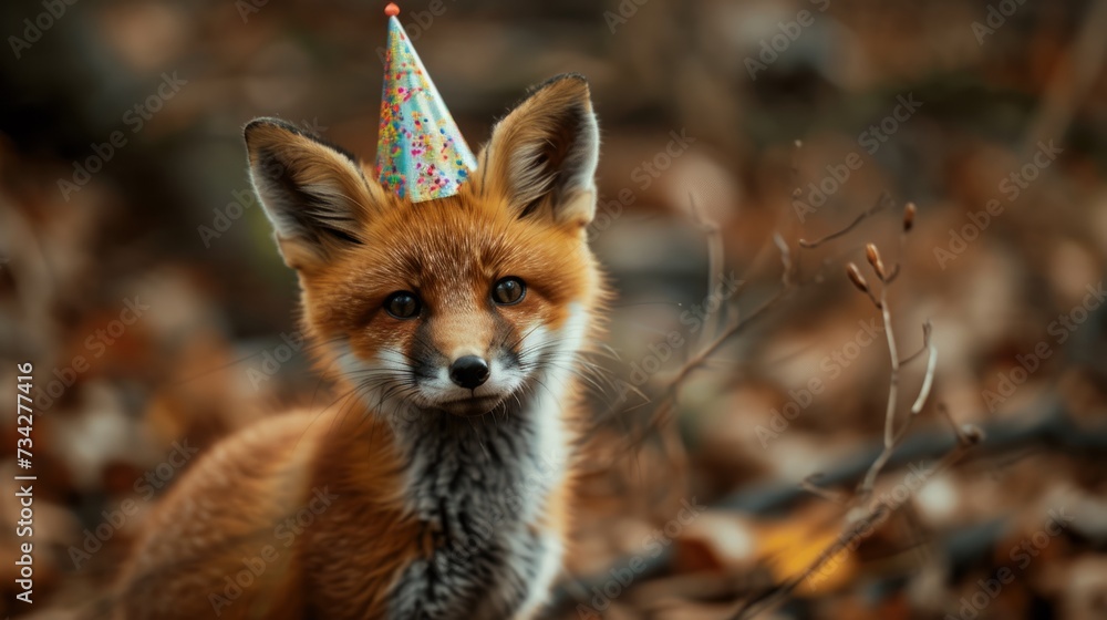 Naklejka premium Fox kit with birthday hat generative ai