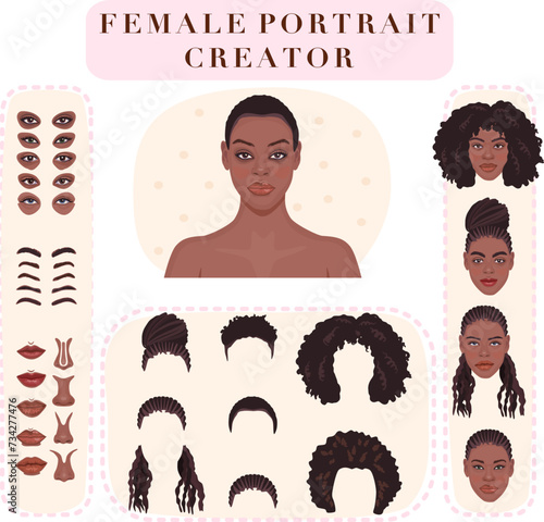 African female face constructor. Avatar creation kit with collection of eyes, brows, noses, lips and hairstyles. 