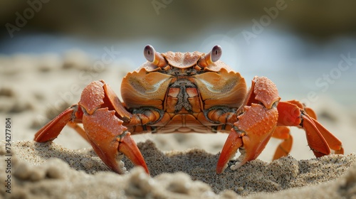  a close up of a crab on a beach with sand and water in the backgrouds behind it.