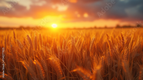 Golden wheat fields glow in rustic sunset's warm embrace.