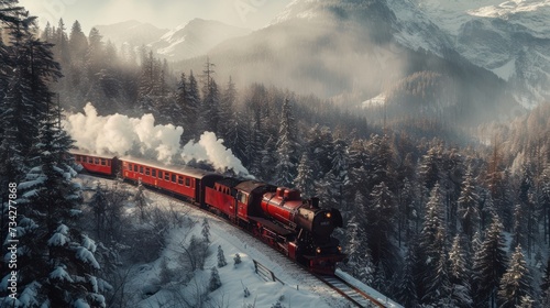  a red train traveling through a snow covered forest filled with tall pine trees and snow covered mountains in the background.