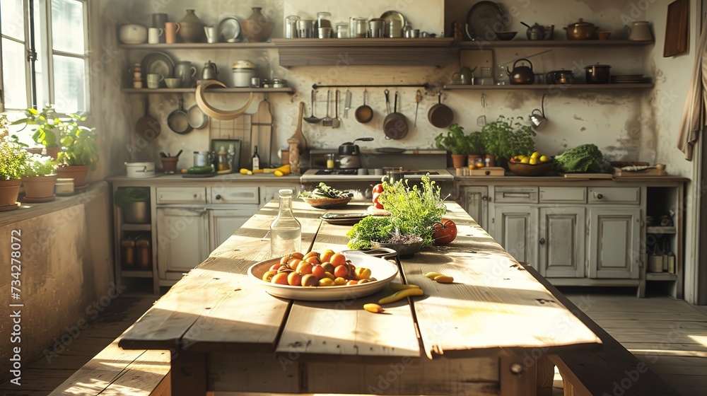Country Heart: Farmhouse Kitchen with Wood Table, Enamelware, and Fresh Produce