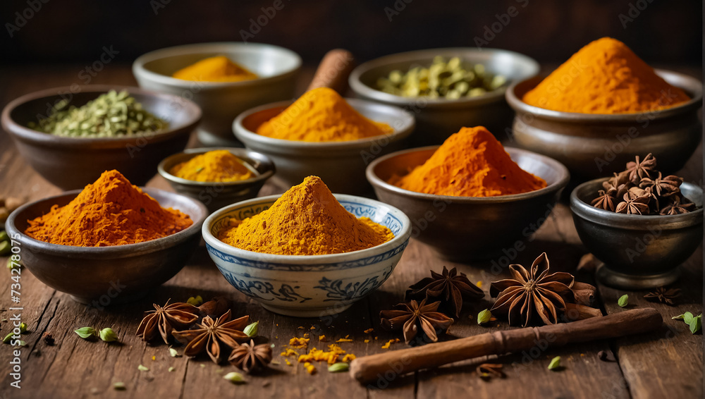 many different dry spices in bowls many different dry spices in bowls