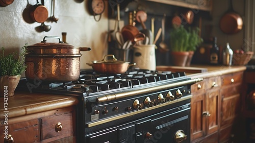Culinary Heritage: Traditional Kitchen with Cast Iron Stove and Copper Pots