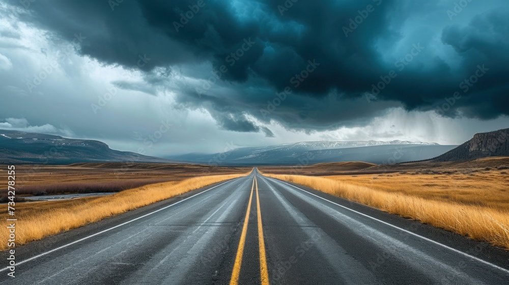  a long stretch of road in the middle of a field with mountains in the background under a dark cloudy sky.