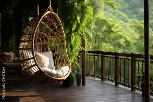 Empty wicker rattan hanging chair with pillows on veranda of an eco villa or eco hotel with view of jungle in tropical country, concept happy, relaxing vacation © Balica