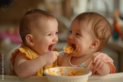 A baby being fed by her older sibling. The sibling is holding a spoon filled with baby food, and both of them are laughing, creating a sweet and heartwarming scene