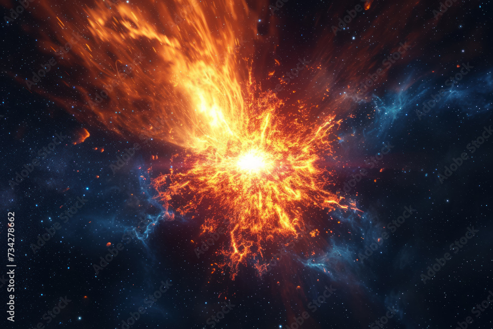 view of a distant supernova explosion. The explosion is radiating intense light and energy