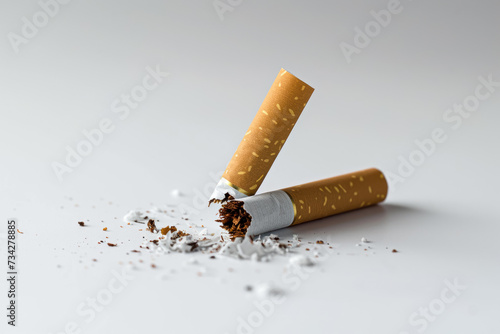 symbolic image of a broken cigarette. The cigarette is snapped in half, symbolizing the decision to quit smoking.