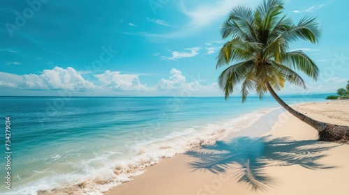  a palm tree casts a shadow on the sand of a beach with a blue sky and ocean in the background.
