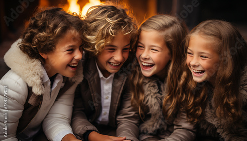 Group of children playing outdoors, smiling and embracing in winter generated by AI