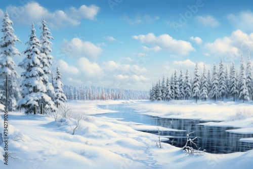 Panoramic winter park snow landscape. Winter season travel sunny day. Generate Ai