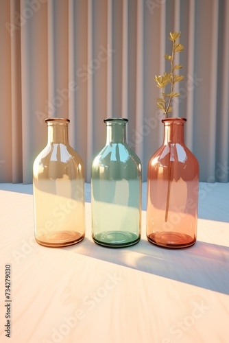 Minimalist kitchen glass bottles with solarization effect, daylight, orange and light emerald