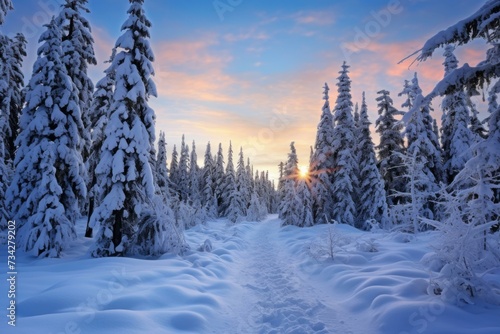 Picturesque Panoramic winter park snow landscape. Winter season travel sunny day. Generate Ai © juliars