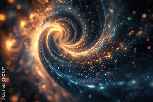 digital artwork of a galaxy. The galaxy is represented by swirling lines and dots of light against a dark background