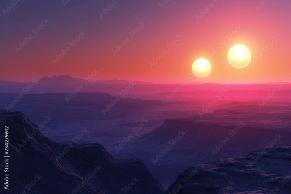 beautiful scene of an alien sunset, with two suns setting on the horizon. beautiful scene of an alien sunset, with two suns setting on the horizon.