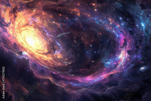 breathtaking view of a distant galaxy, swirling with vibrant colors and studded with countless stars. In the foreground