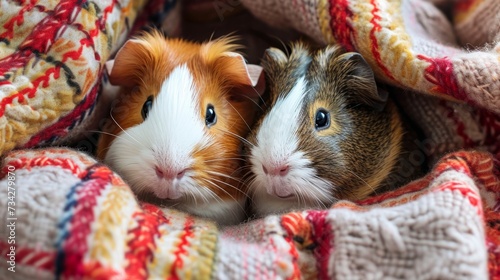 Guinea pig couple snuggling in a cozy blanket nest generative ai