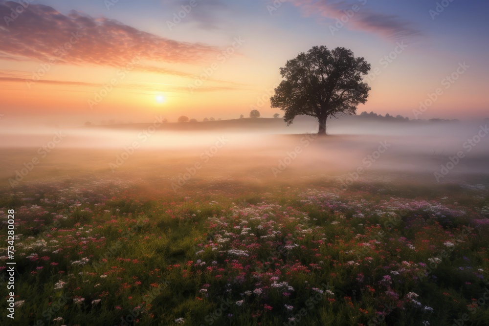 AI generated illustration of a foggy field at sunset with lone tree in the middle