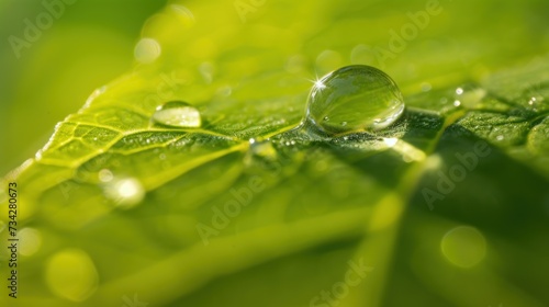 a drop of water sitting on top of a green leaf with drops of water on the top of the leaves.