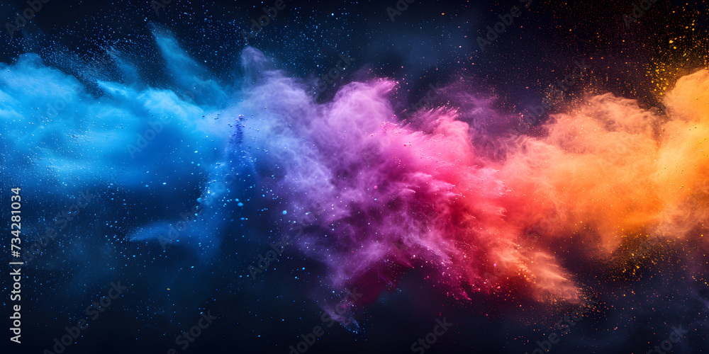 Colorful holi powder colors with splash on dark background. Happy holi indian festival dahan banner concept with copy space.