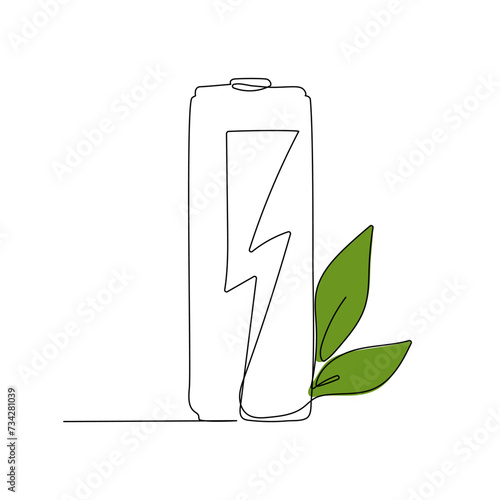 Battery with green leaves in continuous one line art style. Green energy concept. Simple vector illustration