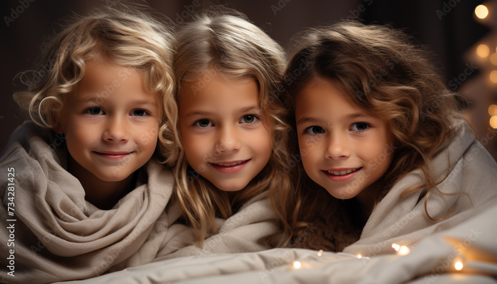 Three cute children smiling, embracing, and playing together in bed generated by AI Three cute children smiling, embracing, and playing together in bed generated by AI