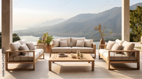 Imagine a beautifully composed photo of an outdoor sofa set against a picturesque background, Easter embellishments adding a festive touch. The realism is striking, evoking a serene ambiance. © Love Mohammad