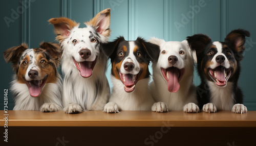 Cute pets sitting in a row, looking at camera, smiling generated by AI photo