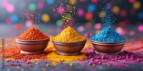 Colorful holi powder colors in a bowls with splash. Happy holi indian festival dahan banner concept.