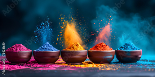 Colorful holi powder colors in a bowls with splash. Happy holi indian festival dahan banner concept with copy space.