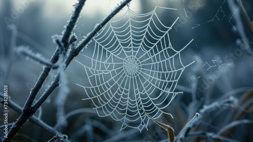 a spider web sitting on top of a grass covered in drops of dew next to a leaf covered in drops of dew.