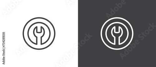 Vector attention sign with setting mark icon. The attention symbol. Line Vector illustration. 