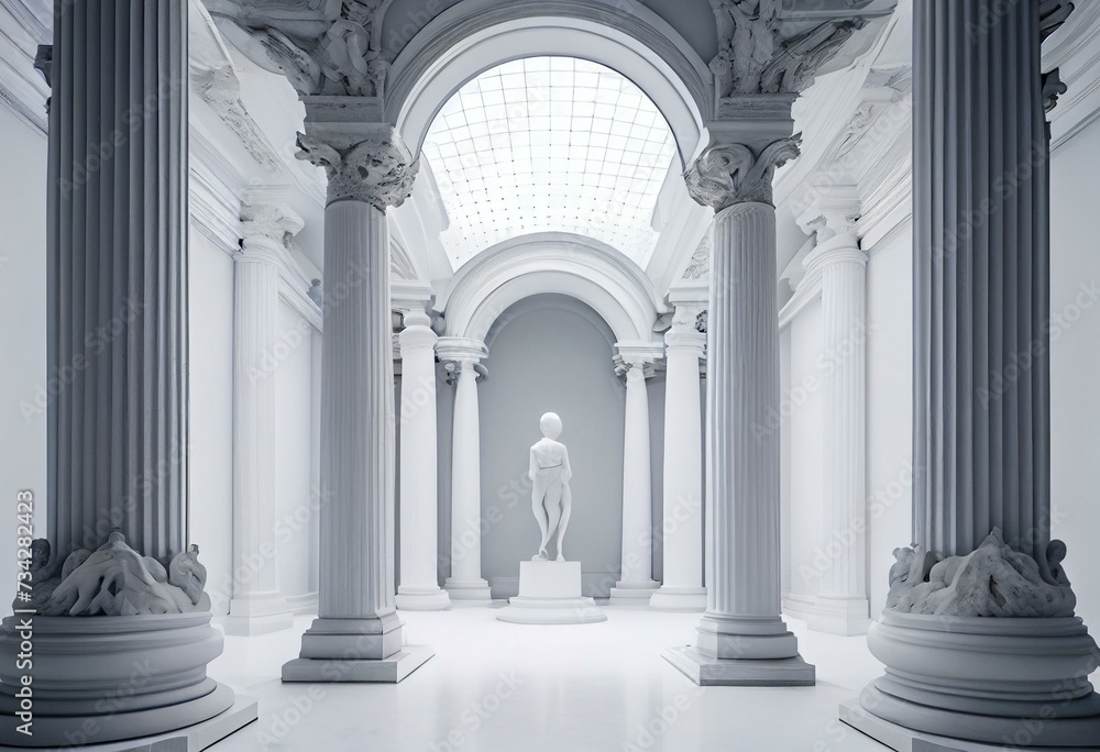a white room with white walls and a floor with a sculpture in the middle of the room and several white columns on the wall behind it. generative ai
