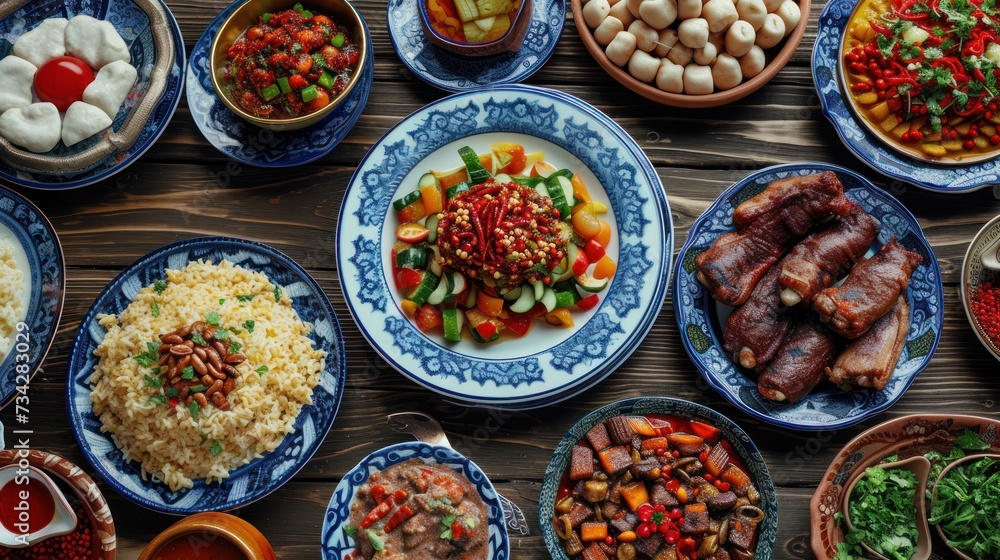 a table topped with plates of food and bowls of sauces and condiments on top of a wooden table. a table topped with plates of food and bowls of sauces and condiments on top of a wooden table.