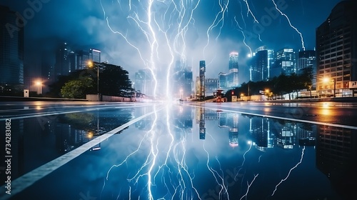 lighting bolt strike overr the city at night and reflection on the ground