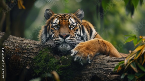 a close up of a tiger laying on a tree branch in front of a forest filled with trees and bushes.