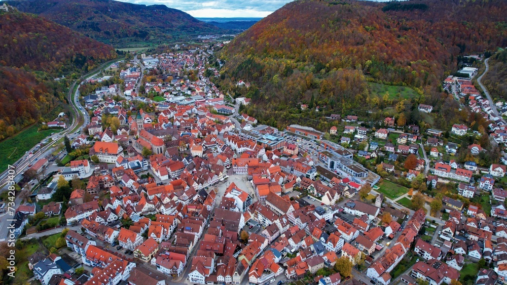 Aerial of the city Bad Urach in Germany on a sunny day in autumn