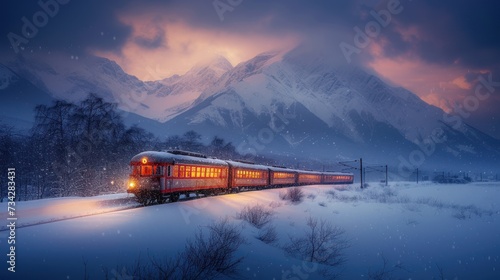 a red train traveling through a snow covered forest next to a snow covered mountain covered in a blanket of snow.
