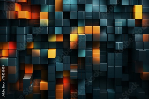 abstract dark mosaic background with many golden and red and blue block shapes, in the style of 3D rendering, digital art