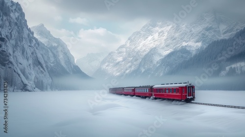 a long red train traveling through a snow covered mountain side next to a tall snow covered mountain covered in snow.