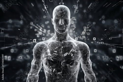 a human figure made of squares and cubes, standing in front of a digital background with abstract particles in space, cybernetics, computer rendering #734283497