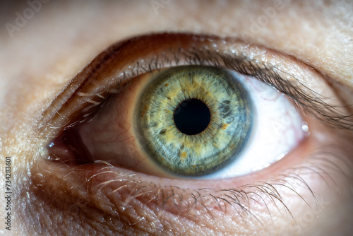 Female Blue-Green Colored Eye with Yellow pigment spots. Pupil Opened. Close Up. Structural Anatomy. Human Iris Macro Detail.