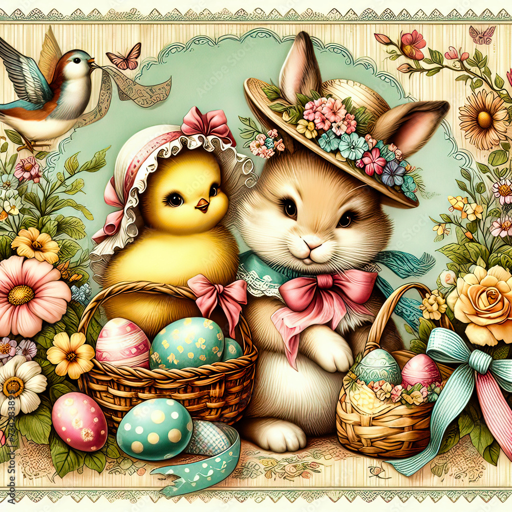 A vintage-style Easter illustration that expresses a warm and celebratory atmosphere. Decorated eggs, a cute yellow chick, the bunny and floral elements,